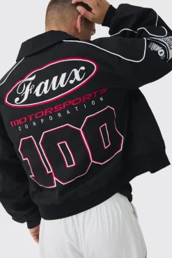 boohooMAN Boxy Badge Twill Moto Jacket In | UK| Coats & Jackets