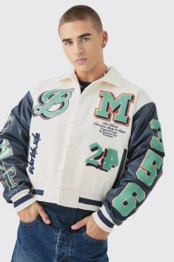 boohooMAN Boxy BM Badge Collared Varsity Jacket In | UK| Coats & Jackets