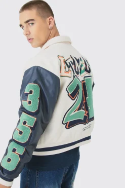 boohooMAN Boxy BM Badge Collared Varsity Jacket In | UK| Coats & Jackets