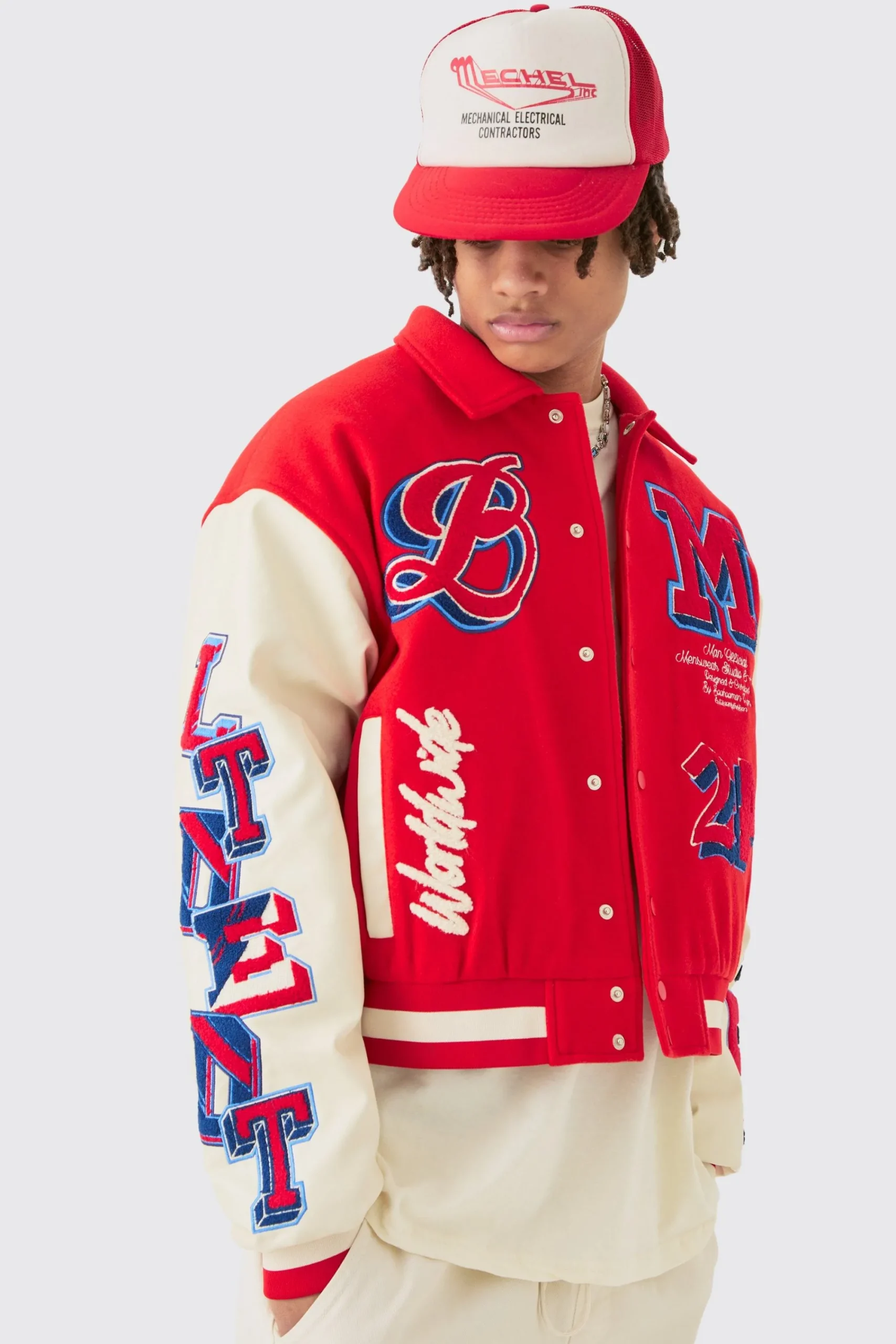 boohooMAN Boxy Bm Badge Colla Varsity Jacket In | UK| Coats & Jackets