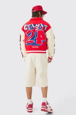 boohooMAN Boxy Bm Badge Colla Varsity Jacket In | UK| Coats & Jackets