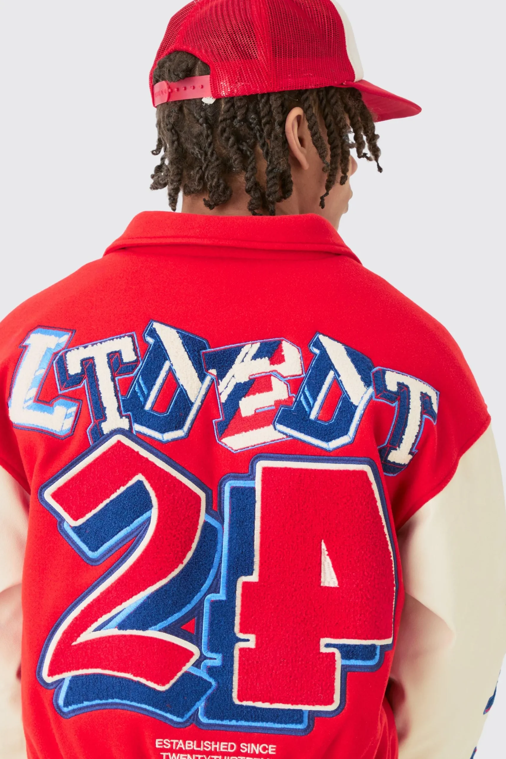 boohooMAN Boxy Bm Badge Colla Varsity Jacket In | UK| Coats & Jackets