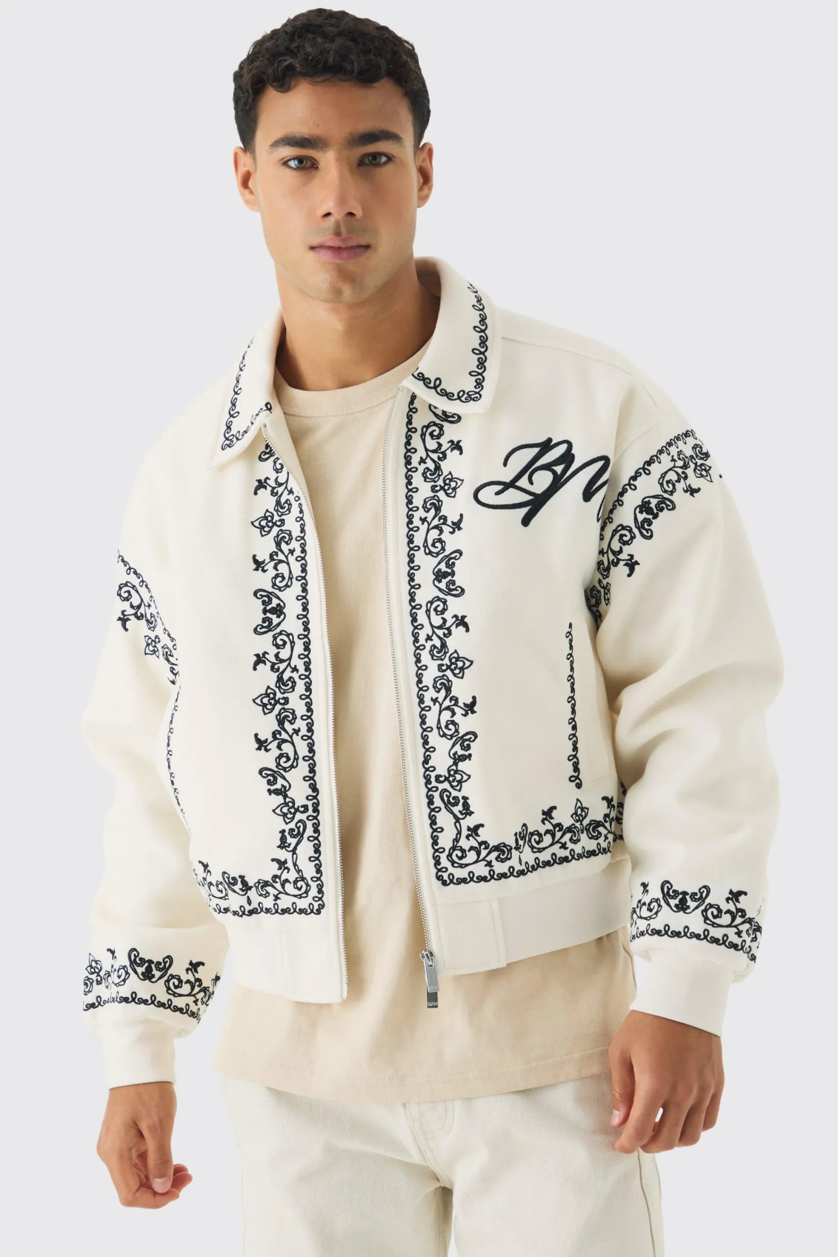 boohooMAN Boxy Bm Embroidered Collared Bomber Jacket In | UK| Coats & Jackets