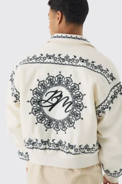 boohooMAN Boxy Bm Embroidered Collared Bomber Jacket In | UK| Coats & Jackets
