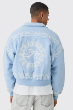 boohooMAN Boxy Bm Embroidered Collared Bomber Jacket In Blue | UK| Coats & Jackets