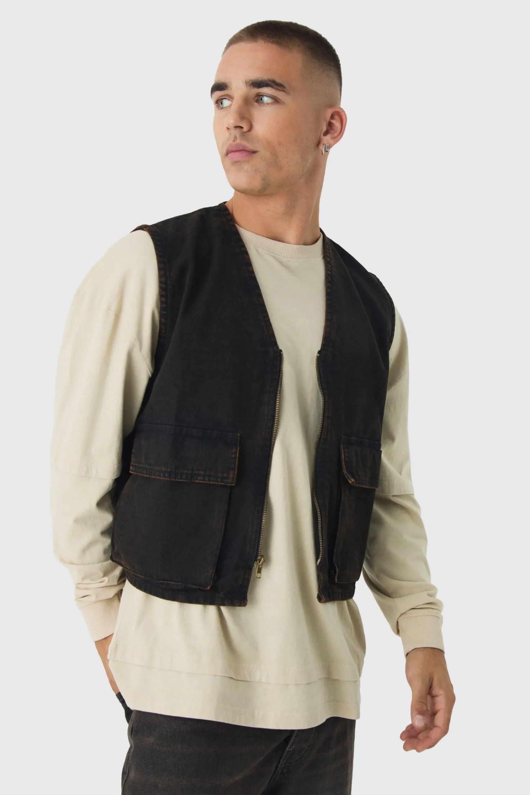 boohooMAN Boxy Tinted Denim Utility Vest | UK| Sets & Co-Ords|Coats & Jackets
