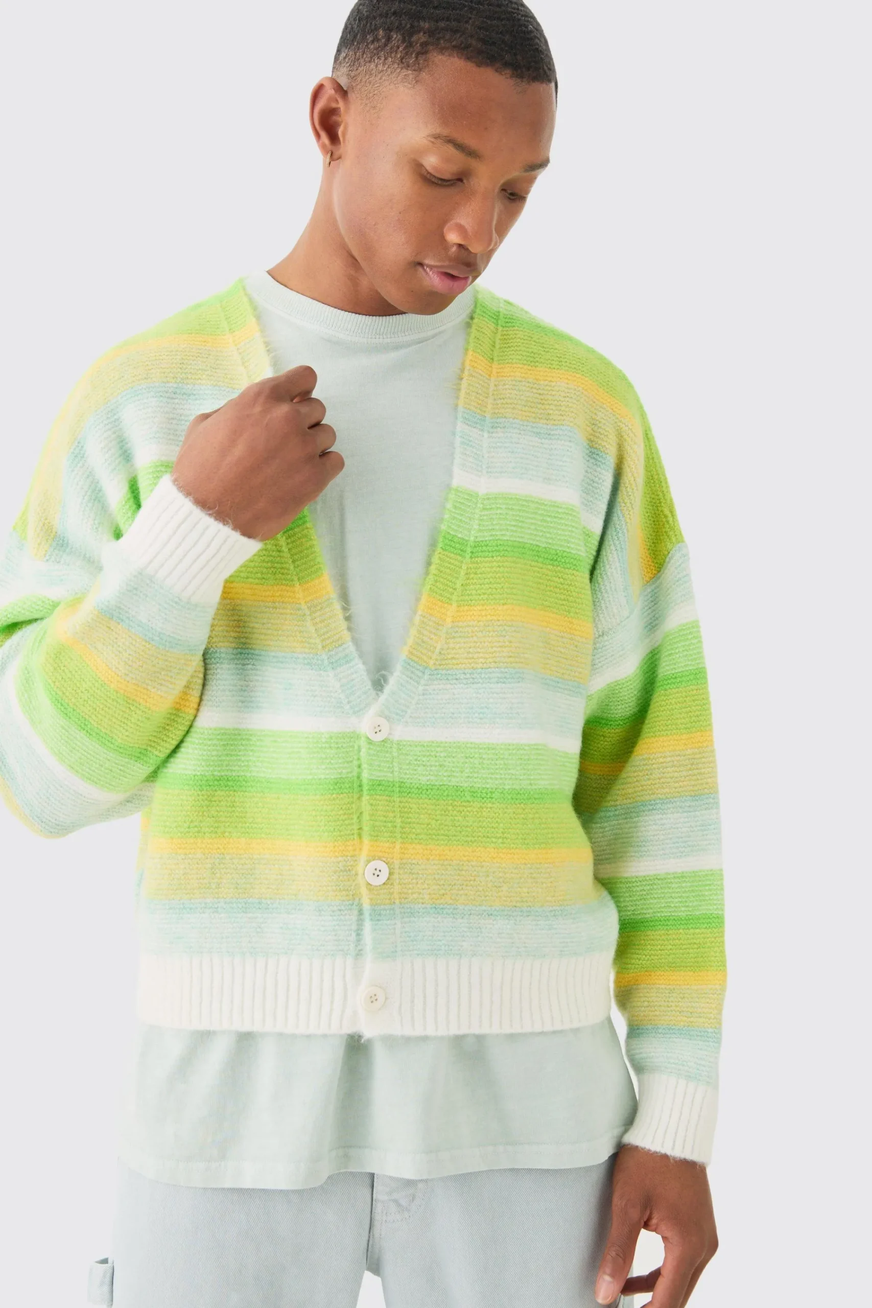 boohooMAN Boxy Brushed Striped Cardigan In | UK| Knitwear