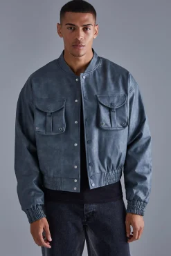 boohooMAN Boxy Cargo Pocket Washed Pu Bomber | UK| Coats & Jackets