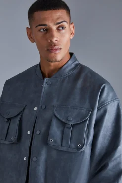 boohooMAN Boxy Cargo Pocket Washed Pu Bomber | UK| Coats & Jackets