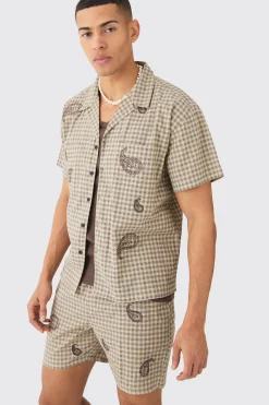 boohooMAN Boxy Check Paisley Embroidered Shirt And Short | UK| Sets & Co-Ords