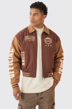 boohooMAN Boxy Collared Twill Varsity Bomber Jacket In | UK| Coats & Jackets