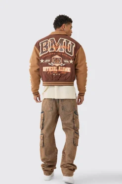 boohooMAN Boxy Collared Twill Varsity Bomber Jacket In | UK| Coats & Jackets