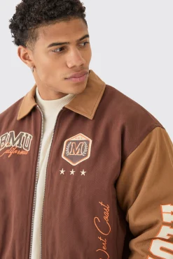 boohooMAN Boxy Collared Twill Varsity Bomber Jacket In | UK| Coats & Jackets