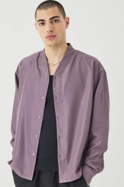 boohooMAN Boxy Collarless Soft Twill Label Shirt | UK| Shirts