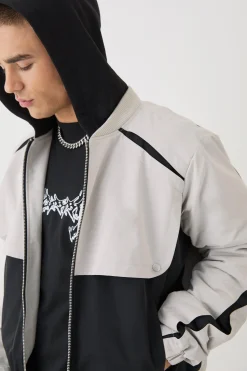 boohooMAN Boxy Colour Block Panel Hooded Bomber In | UK| Coats & Jackets