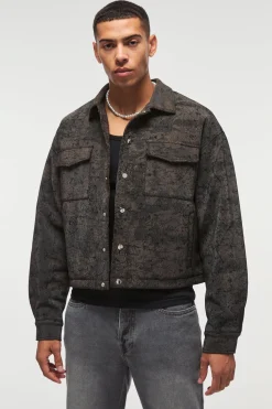 boohooMAN Boxy Cracked Effect Faux Suede Harrington In | UK| Coats & Jackets