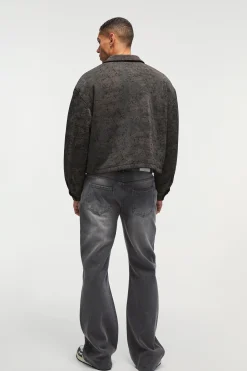 boohooMAN Boxy Cracked Effect Faux Suede Harrington In | UK| Coats & Jackets