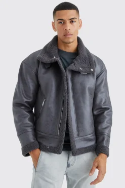 boohooMAN Boxy Cracked Pu Aviator | UK| Coats & Jackets