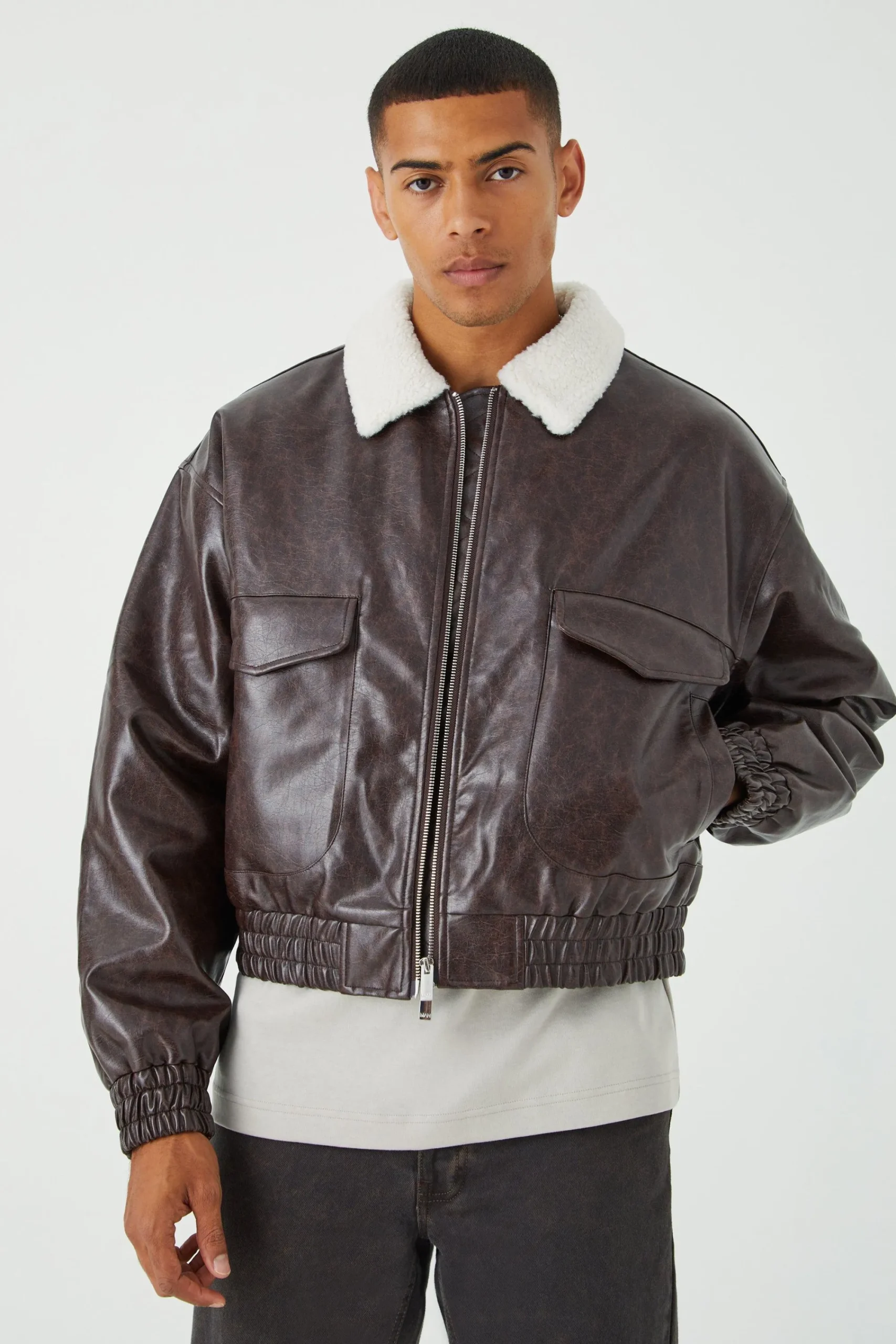 boohooMAN Boxy Cracked Pu Aviator With Borg Collar | UK| Coats & Jackets