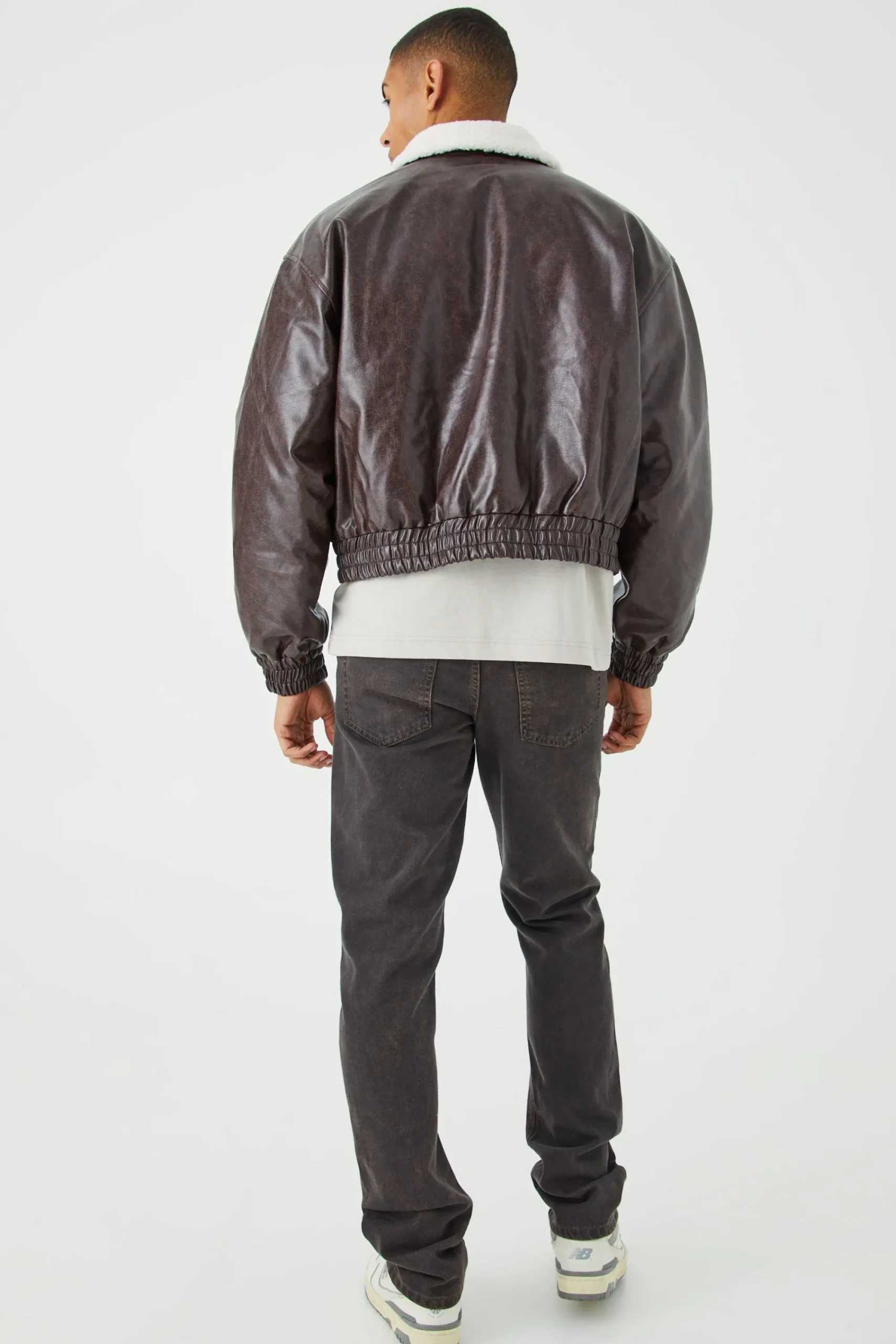 boohooMAN Boxy Cracked Pu Aviator With Borg Collar | UK| Coats & Jackets