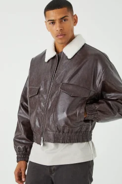 boohooMAN Boxy Cracked Pu Aviator With Borg Collar | UK| Coats & Jackets
