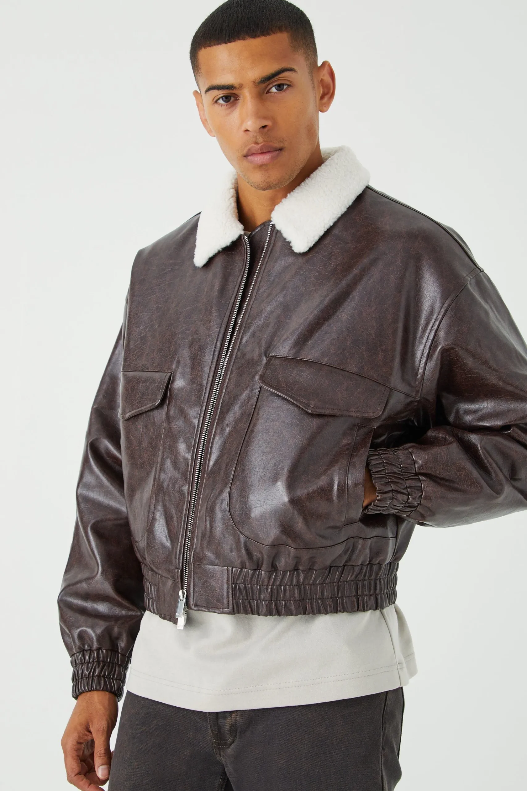 boohooMAN Boxy Cracked Pu Aviator With Borg Collar | UK| Coats & Jackets