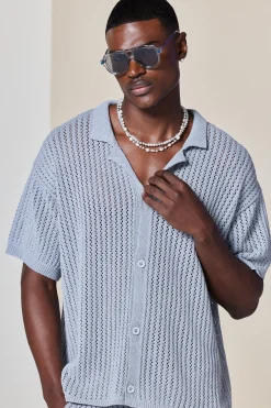 boohooMAN Boxy Crochet Open Knit Revere Shirt In | UK| Shirts