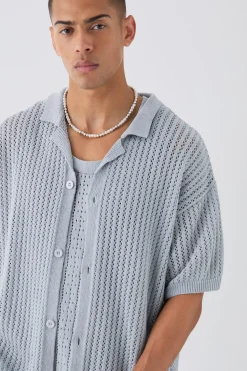 boohooMAN Boxy Crochet Open Knit Revere Shirt In | UK| Shirts