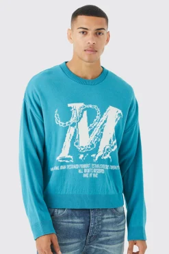 boohooMAN Boxy Drop Shoulder Graphic Knitted Jumper | UK| Knitwear