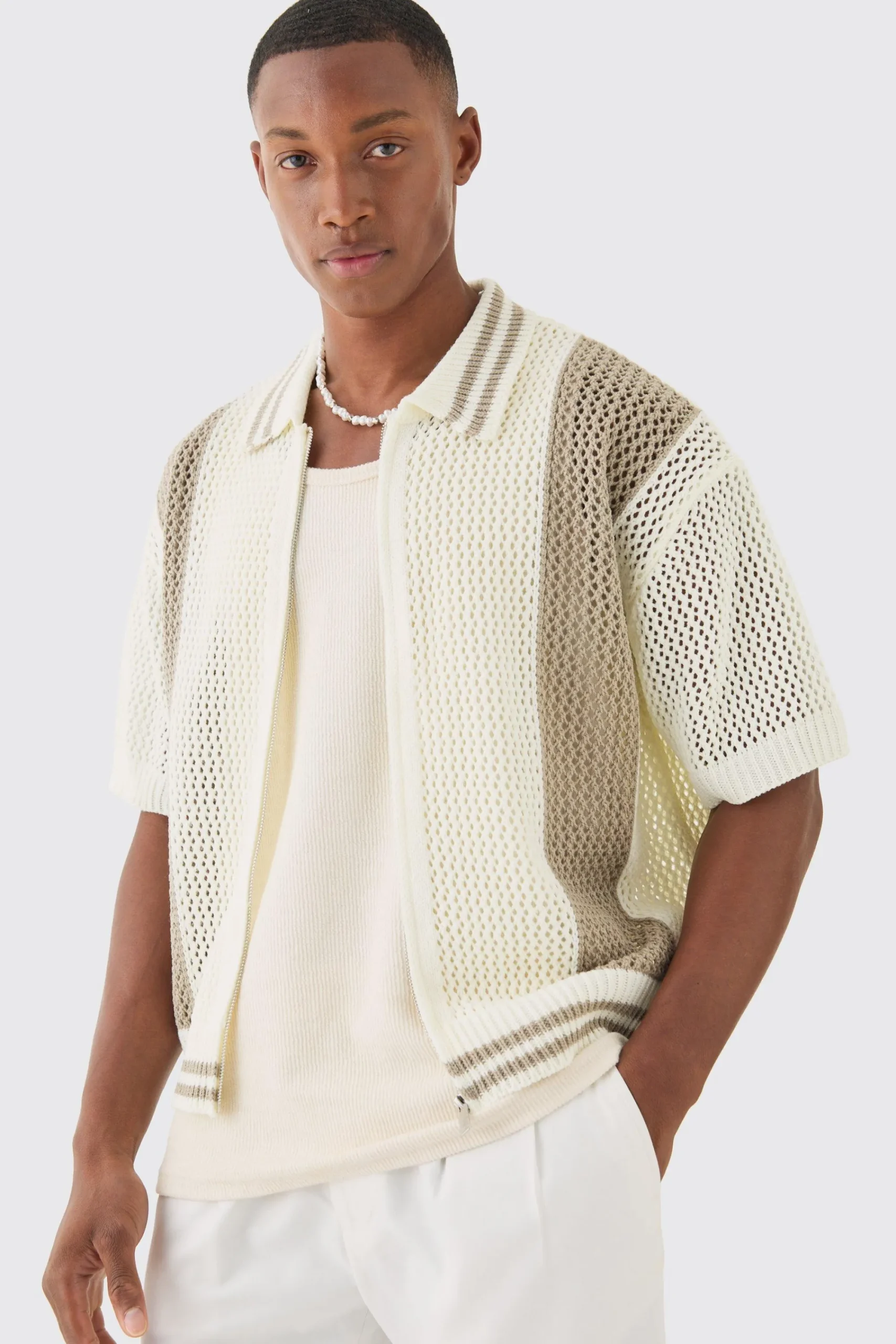 boohooMAN Boxy Dual Zip Open Stitch Colour Block Shirt | UK| Shirts