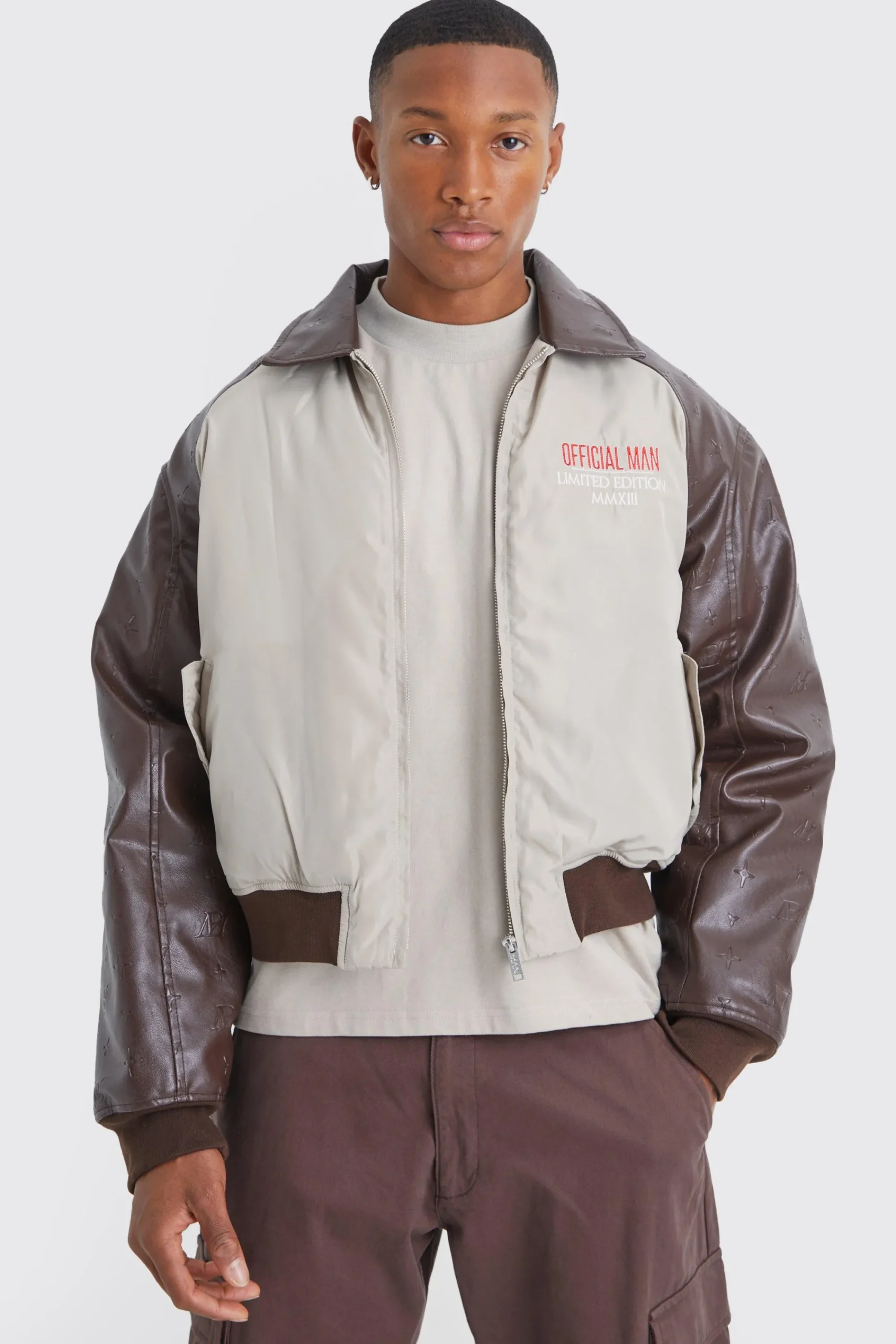 boohooMAN Boxy Embossed Pu & Contrast Nylon Bomber | UK| Coats & Jackets