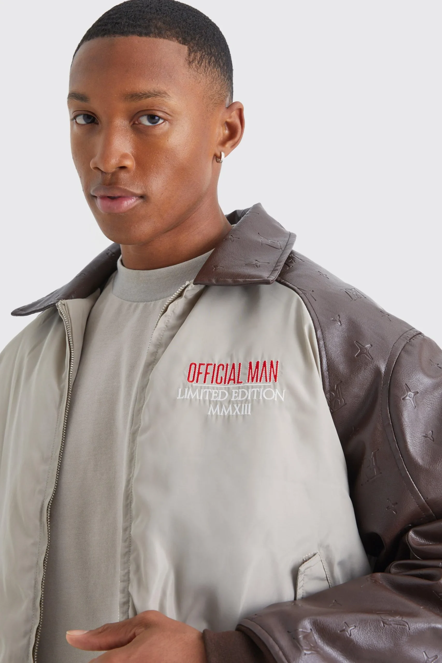 boohooMAN Boxy Embossed Pu & Contrast Nylon Bomber | UK| Coats & Jackets