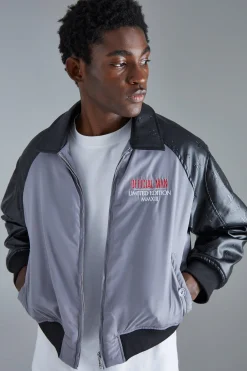 boohooMAN Boxy Embossed Pu & Contrast Nylon Bomber | UK| Coats & Jackets