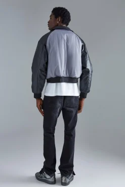 boohooMAN Boxy Embossed Pu & Contrast Nylon Bomber | UK| Coats & Jackets
