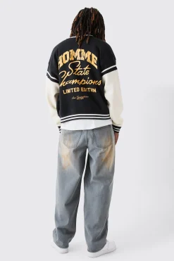 boohooMAN Boxy Embroidered Jersey Varsity Jacket | UK| Coats & Jackets