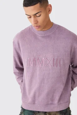 boohooMAN Boxy Extended Neck Acid Wash Embroidered Sweatshirt | UK| Hoodies & Sweatshirts