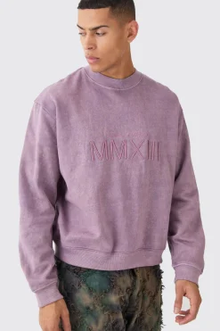 boohooMAN Boxy Extended Neck Acid Wash Embroidered Sweatshirt | UK| Hoodies & Sweatshirts