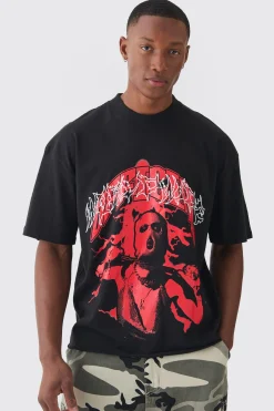 Boxy Extended Neck Raw Hem Large Official Mask Print T-shirt | UK^boohooMAN Outlet