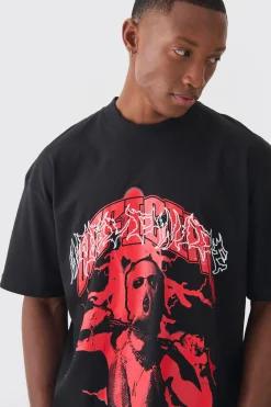 Boxy Extended Neck Raw Hem Large Official Mask Print T-shirt | UK^boohooMAN Outlet