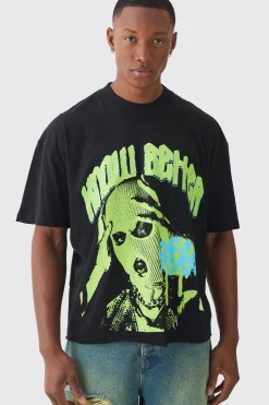 Boxy Extended Neck Raw Hem Large Know Better Mask Print T-shirt | UK^boohooMAN