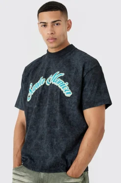 Boxy Extended Neck Santa Monica Acid Wash T-shirt | UK^boohooMAN New