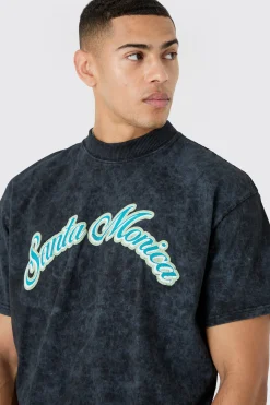 Boxy Extended Neck Santa Monica Acid Wash T-shirt | UK^boohooMAN New