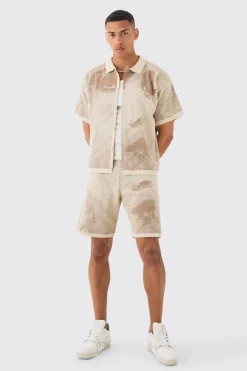 boohooMAN Boxy Face Jacquard Knitted Shirt And Short Set | UK| Sets & Co-Ords|Knitwear