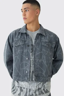 boohooMAN Boxy Fit Barbed Wire Laser Print Denim Jacket | UK| Coats & Jackets|Sets & Co-Ords