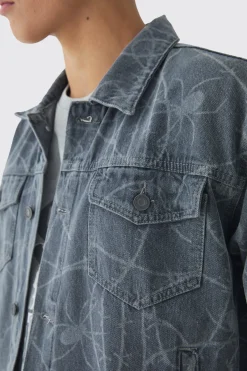 boohooMAN Boxy Fit Barbed Wire Laser Print Denim Jacket | UK| Coats & Jackets|Sets & Co-Ords