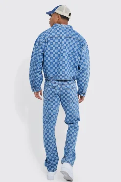 boohooMAN Boxy Fit Checkerboard Laser Print Denim Jacket And Jeans | UK| Sets & Co-Ords