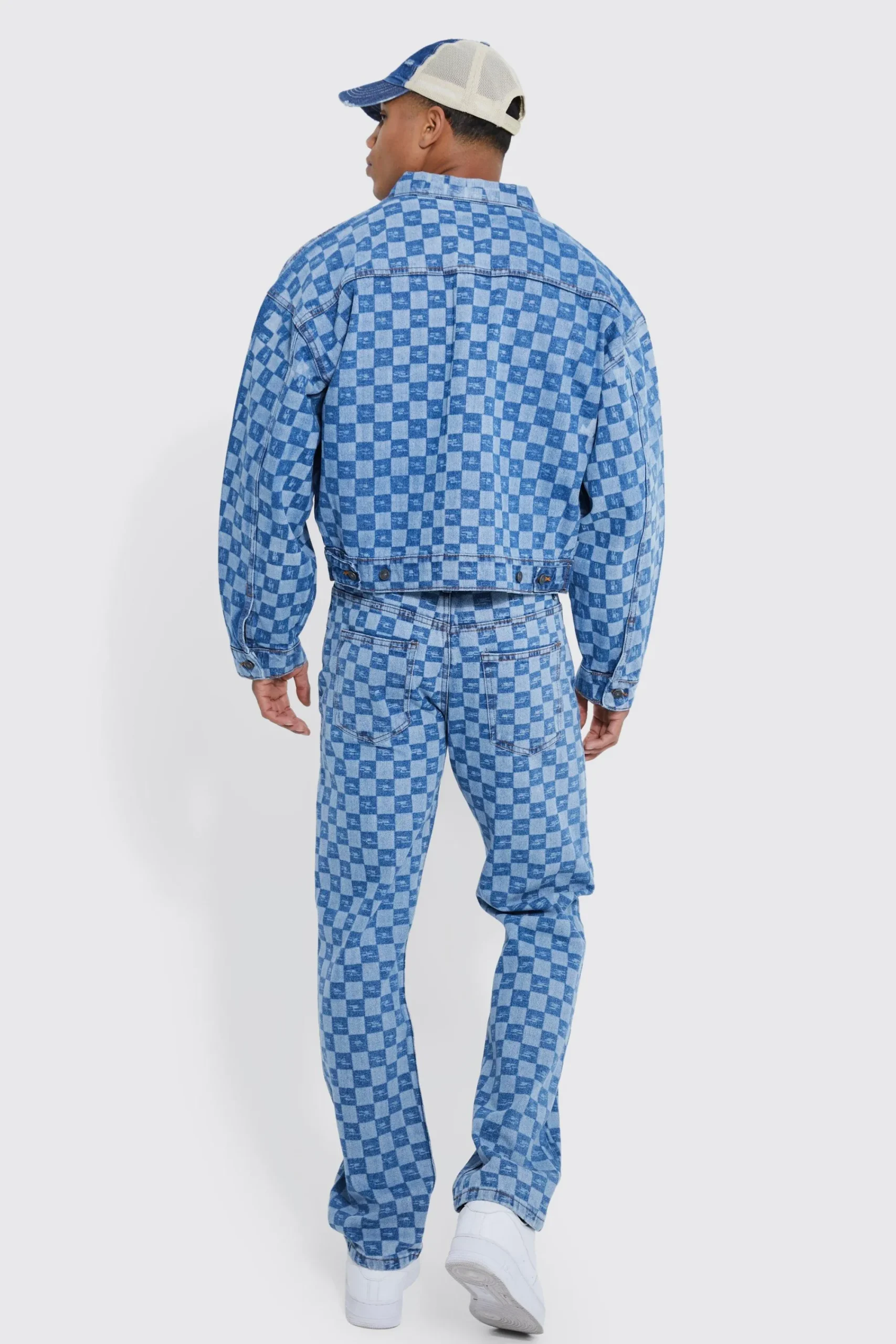 boohooMAN Boxy Fit Checkerboard Laser Print Denim Jacket And Jeans | UK| Sets & Co-Ords