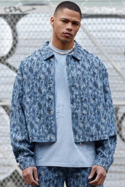 boohooMAN Boxy Fit Fabric Interest Distressed Denim Jacket | UK| Coats & Jackets