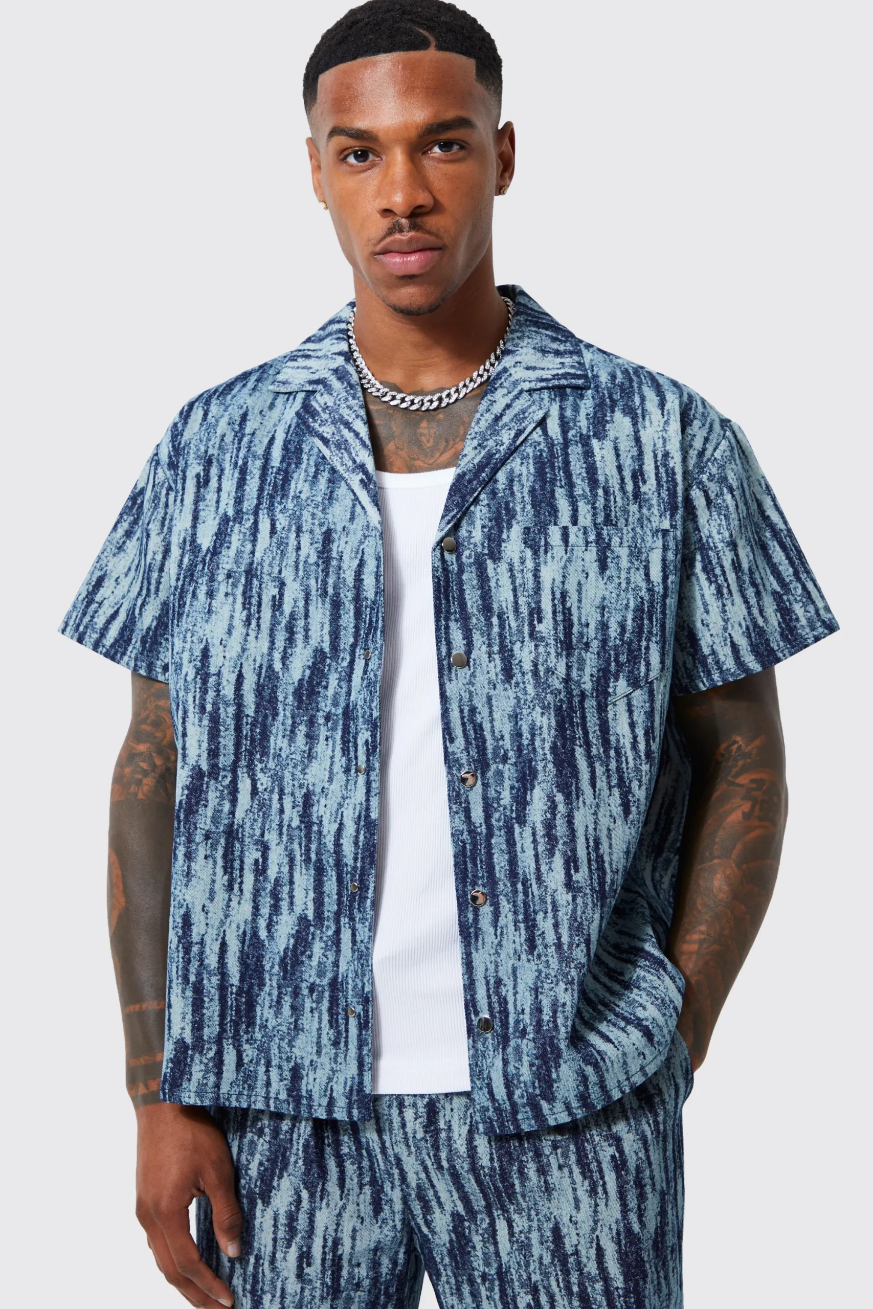 boohooMAN Boxy Fit Fabric Interest Denim Shirt And Trouser | UK| Sets & Co-Ords