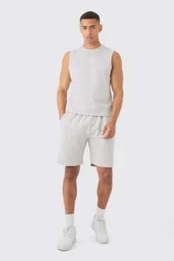 Boxy Fit Gothic Graphic Puff Print Tank & Short Set | UK^boohooMAN Clearance